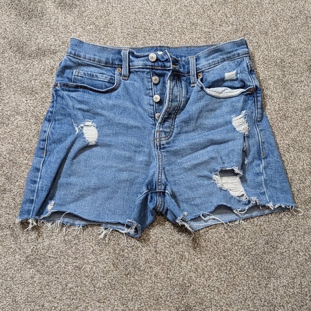 OLD NAVY Blue Denim Distressed High-Rise Button Fly Jean Shorts; Size 6